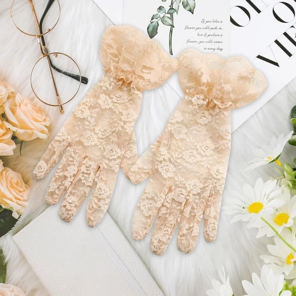Women's Evening Beige Flower Pattern Lace Gloves Design Wedding Party Prom
